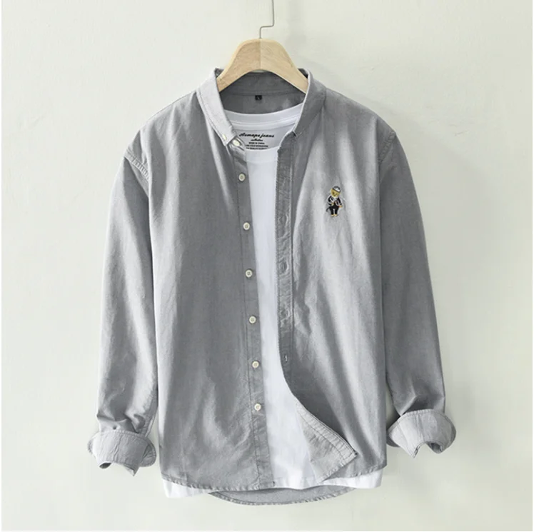 100% Cotton Shirt Spring Summer New Men Cartoon Bear Embroidery Korean Fashion Casual Long Sleeve Shirt Thin White Tops