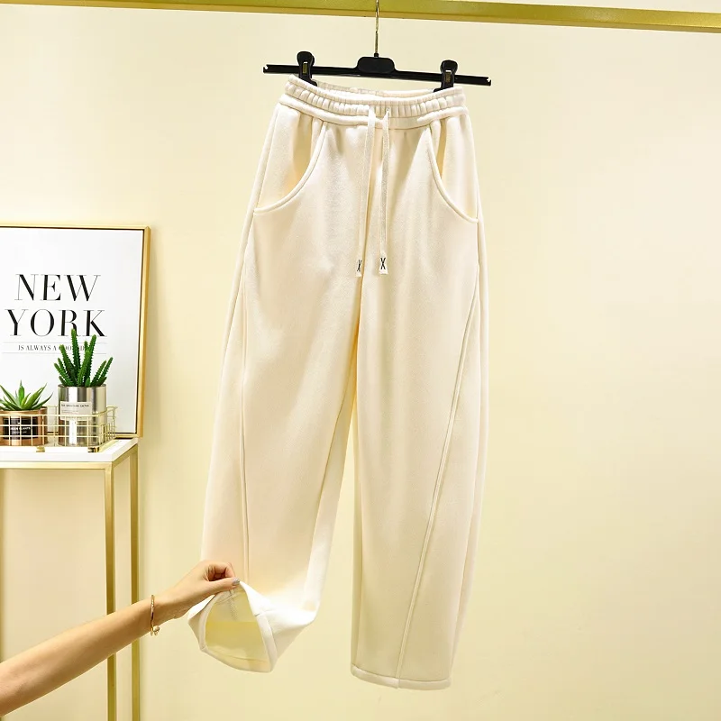ارتفاع الخصر Fce اصطف عادية بنطال ذو قصة أرجل واسعة Thiened الخريف الشتاء مستقيم قطع بنطلون درا Sweatpants المرأة Faion