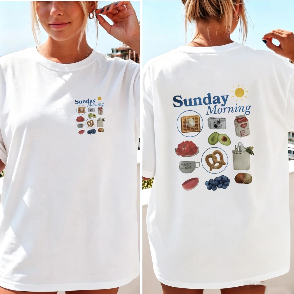 Women Sunday Morning Breakfast Food Collage Graphic T Shirt Waffle Avocado Bread Fruit Vintage Cotton Brunch Lover Casual Tops