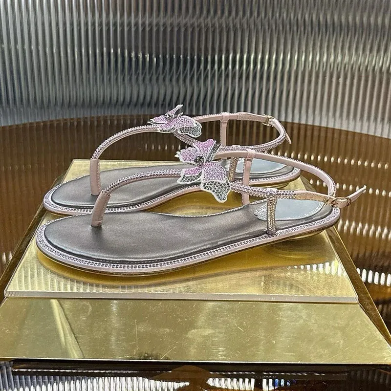 Beach Shoes Summer Flat Bottom Gladiator Outdoor Vacation Sandalias Women Shiny Flower Rhinestone Decor Split Toe Sandals