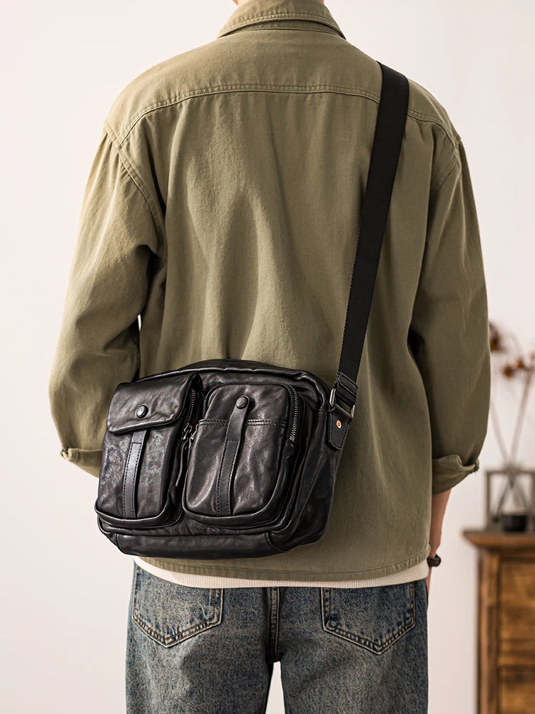 Outdoor leisure designer handmade genuine leather men black shoulder bag weekend travel luxury first layer cowhide crossbody bag