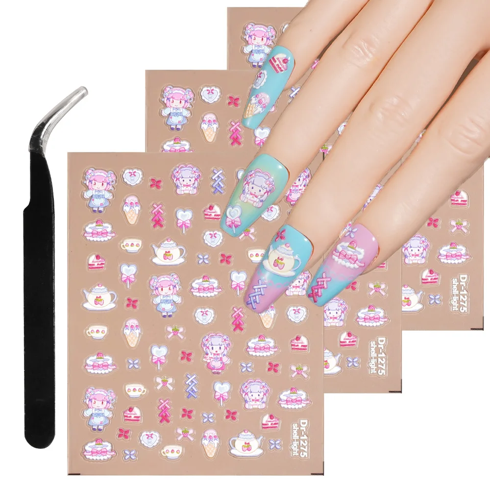 

1/5/10pcs 5D Embossed Lolita Nail Stickers Kawaii Cute Cartoon Dessert Heart Bow Relief Nail Art Decals Women DIY Manicure Decor