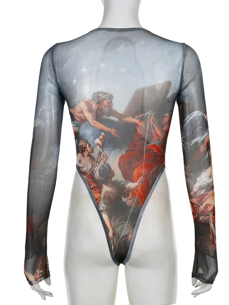 Rockmore خمر مطبوعة شبكة داخلية النساء مقوس دانتيل ساحة الرقبة عالية الخصر التفاف كم طويل ارتداءها عيد الهالوين عيد الميلاد