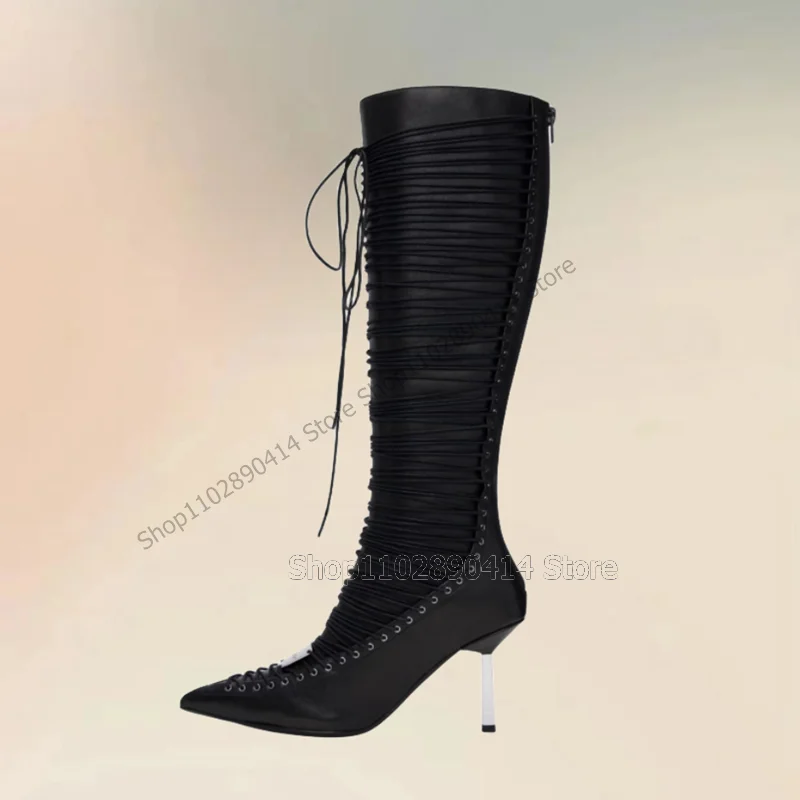 Black Cross Tied Strappy Metal Heel Pointed Toe Boots Back Zipper Women Shoes Thin High Heels New Party 2024 Zapatos Para Mujere