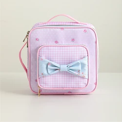 Insulated Lunch Bag Floral Canvas Polka Dot Pink Plaid Blue Bow Portable With Handle Zipper Tote Bag