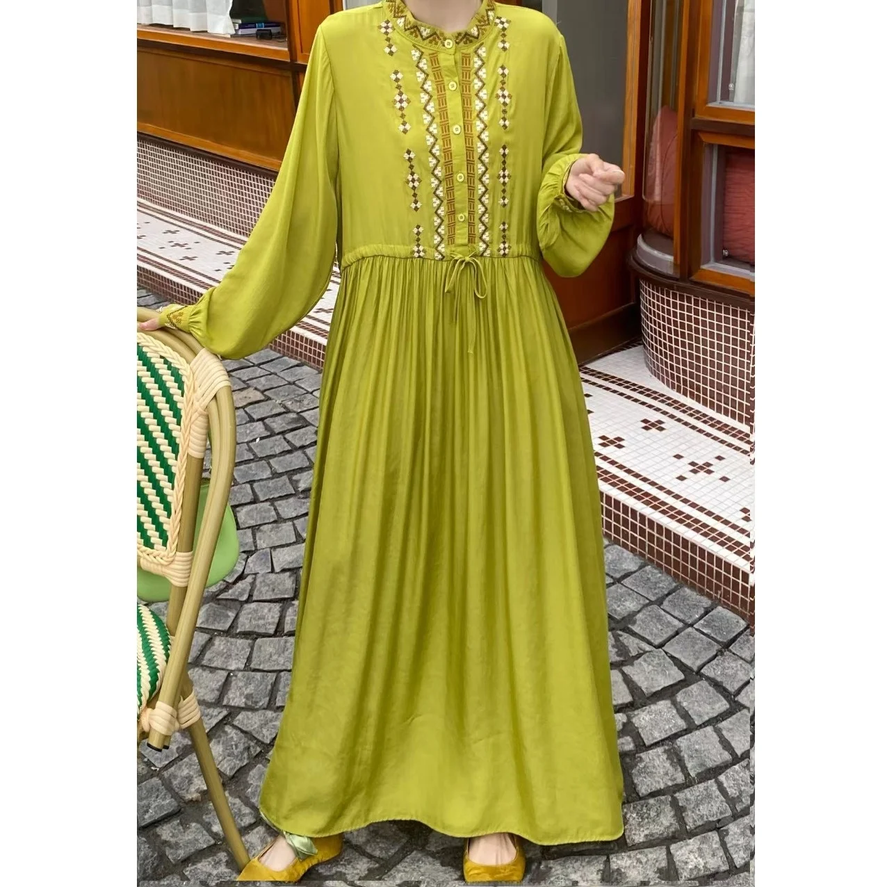 Retro Etniczny Styl, Ciężki Haft, Długi Letni Krój, Cienka Mieszanka Bawełny, Sukienka typu Lantern, Maxi, Idealna na Wakacje