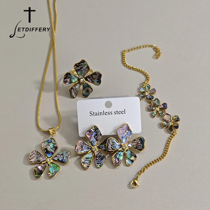  Letdiffery Fashion Abalone Shell Flower Jewelry Set for Women Stainless Steel Floral Necklace Earrings Ring Bracelet Jewelry