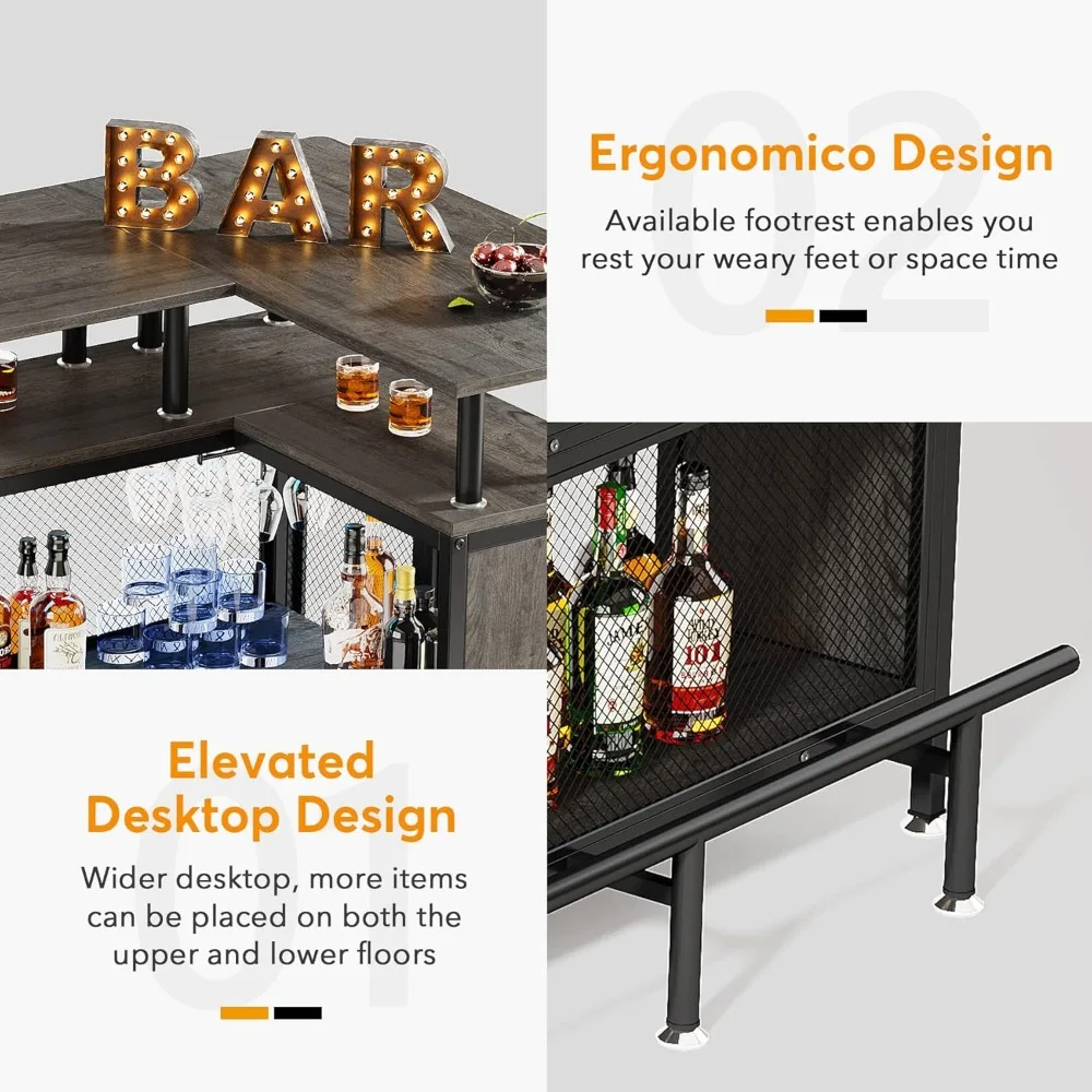 Tribesigns Home Bar Unit, L-shaped Bar Table with Stemware Racks and 2-tier Shelves, Corner Mini Coffee Liquor Cabinet with Foot