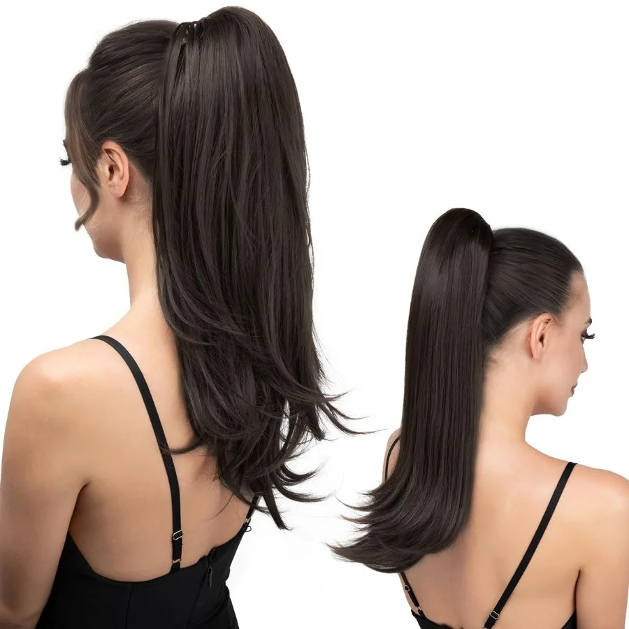 クリップインポニーテールエクステンション-ブラックブラウン-女性用-18インチ-ロングストレートカーリーテールヘアピース-合成フェイクヘアエクステンション-p