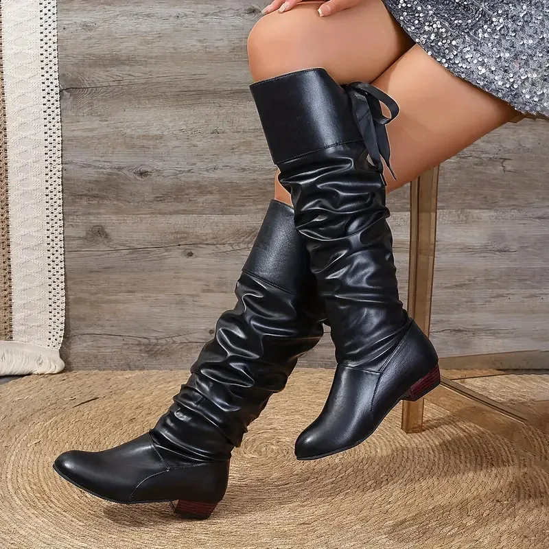 Spring New Women's Boots Red Black White Designer Shoes Pleated Lace Up Low Heel Casual Leather Knight Boots Big Size 35-43