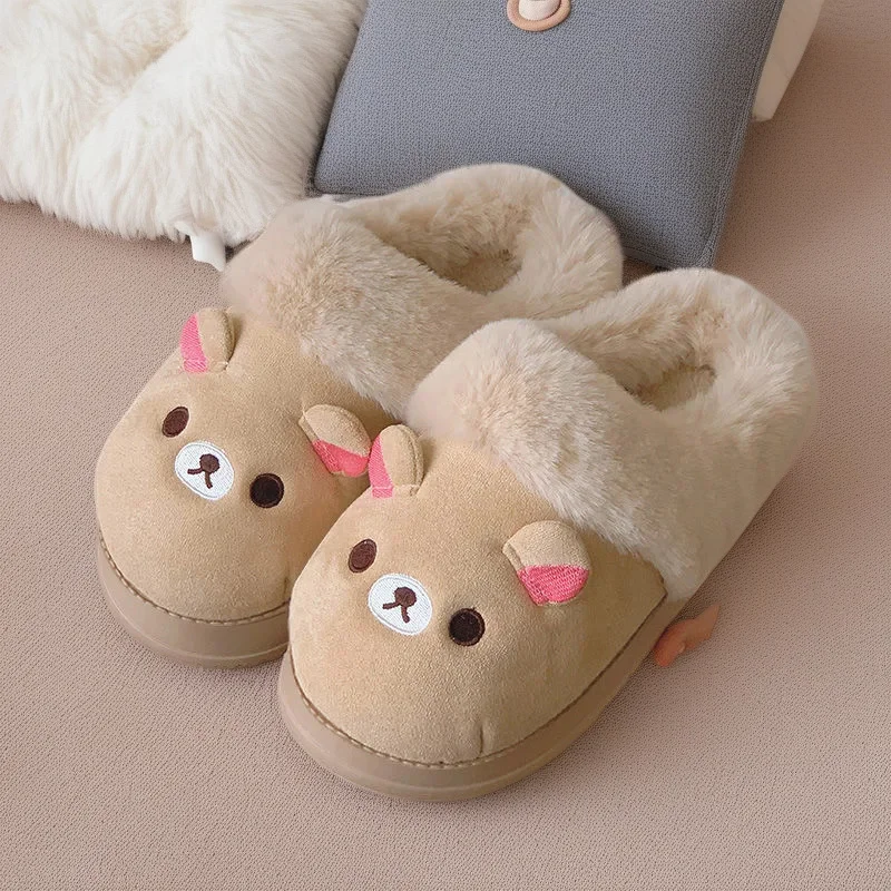

Rilakkuma/женские хлопковые тапочки с милым медведем, зимние плюшевые домашние нескользящие домашние тапочки для спальни, подарок для нее, уютное Рождество
