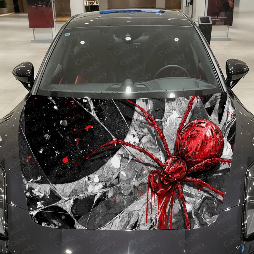 Dark Web Blood Spider Car Vinyl Wrap, PVC Material Waterproof Car Hood Sticker, Self-Adhesive Scratch-Resistant Stickers for Eng