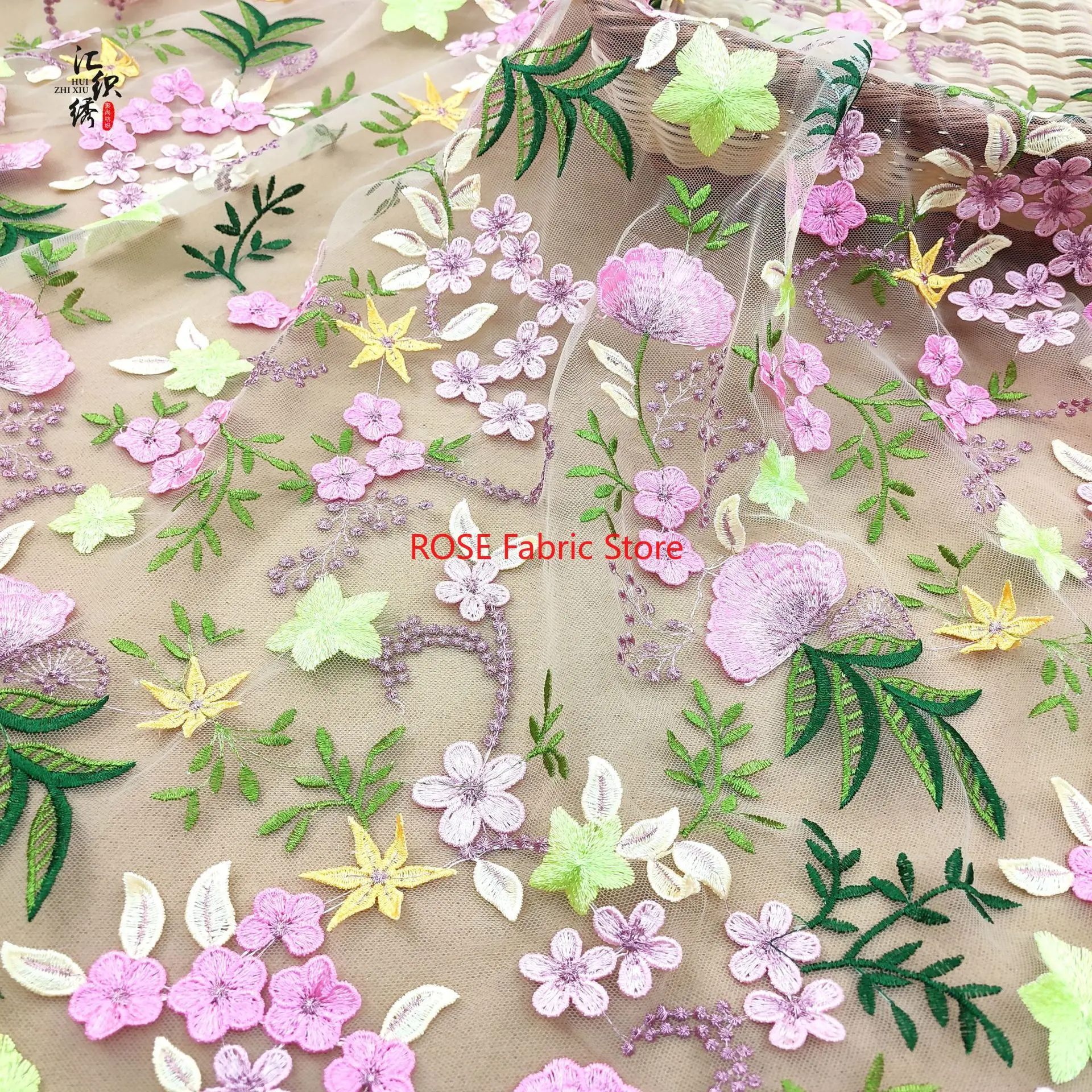 25 Colors Beautiful  Pretty Pink Flower Embroidery Fabric, Leave Floral Lace tulle for Wedding Gown, Party Dress, Garden Dress view 4