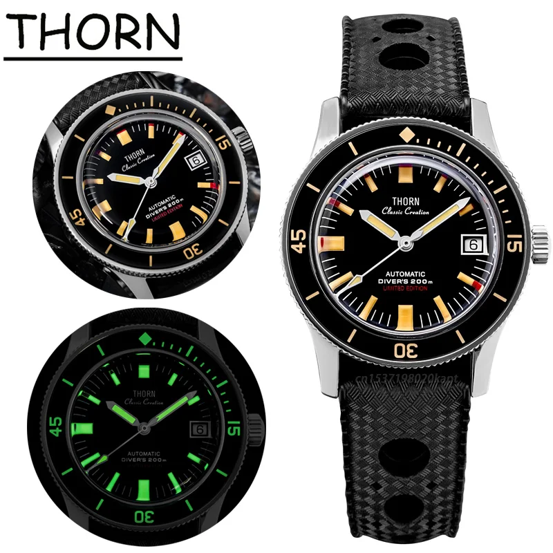 Thorn T006 Vintage Watch 50-Fathoms Titanium Case PT5000 Movement 20ATM Waterproof Sapphire Glass Luminous 38mm Diver Watches