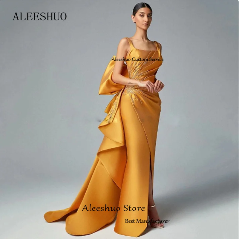 Aleeshuo-Vestidos de Baile com Laço, Colarinho Quadrado, Split, Beading, Spaghetti Strap, Noite, Lindo