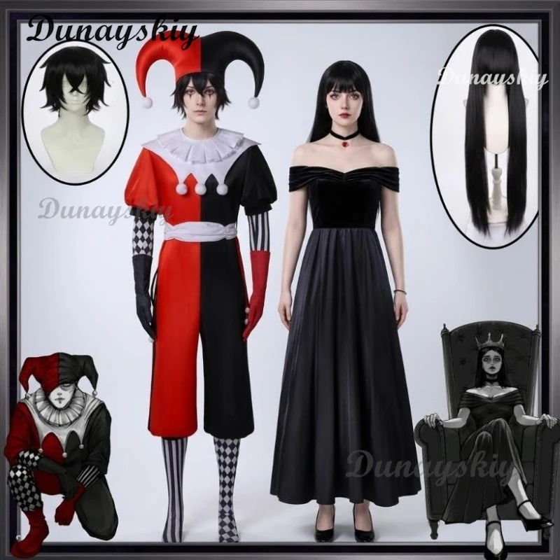 Elegantes Vestidos Largos Negros de Satén para Boda, Trajes de Cosplay con Hombros Descubiertos y Corte en A para Parejas de Joker y Reina con Pelucas a Juego