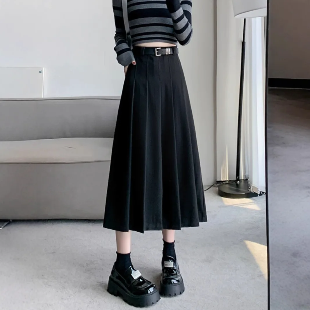 Fashion Invisible Zipper Belted Midi A-Line Skirt Slim Fit Design Women's Trendy Pleated Half-length Long Skirt