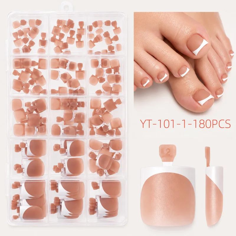 180 Stück glänzende, nude-rosafarbene französische Press-On-Zehennägel-Set, 1*Box, kurze, quadratische, künstliche Zehennägel, einfarbige Maniküre-Zehennagelspitzen