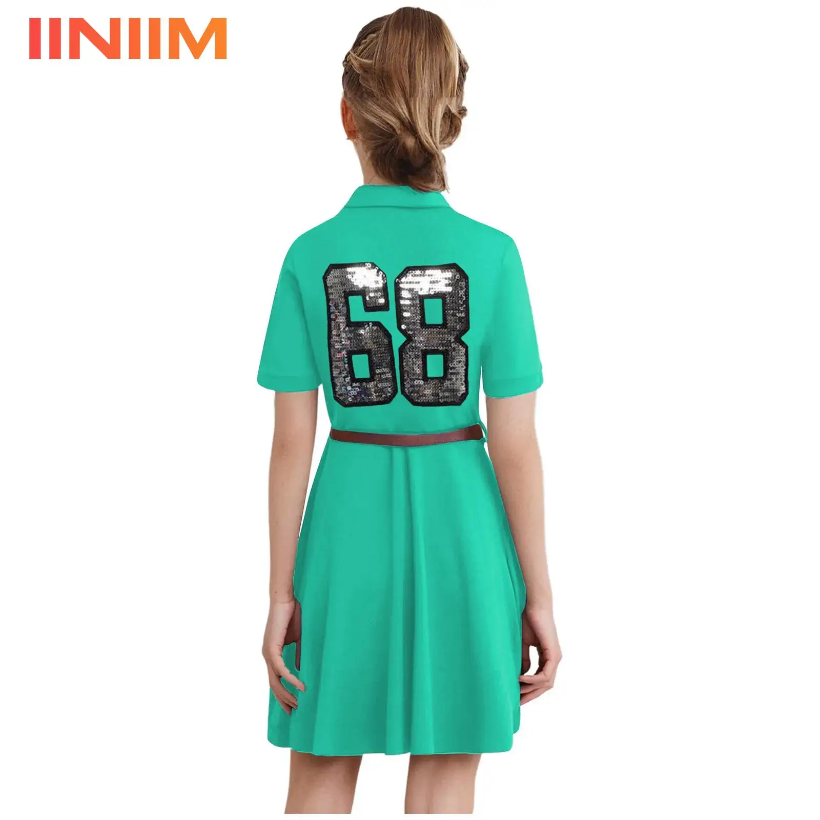 

Kids Girls Tennis Golf Dress Sequins Baseball Cheer Dance Costume Cheerleader Uniform Athletic Sport Badminton Dress with Belt