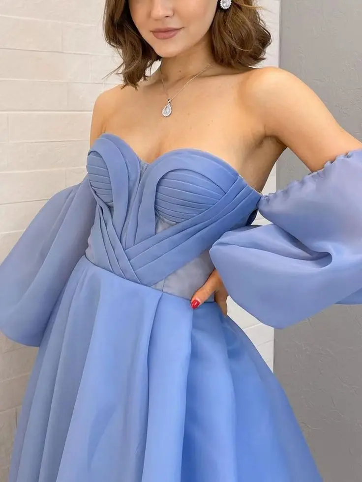 

Blue Evening Dresses 2023 Long Organza Pleats Illusion Off Shoulder Puffy Full Sleeves A Line Long Floor Length Prom Gowns