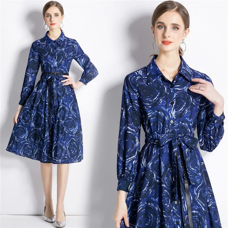 Deep Graceful Blue Color Rose Pattern Big Swing Women Trendy Vestidos Loose Softerable Long Sleeve Bandage Corest Autumn Dresses