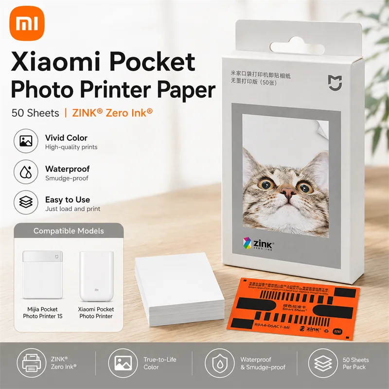 Original Xiaomi 50 Sheets 2x3 Inch ZINK Sticky Photo Paper for Mijia Pocket Photo Printer 1S & Xiaomi Pocket Photo Printer Refil