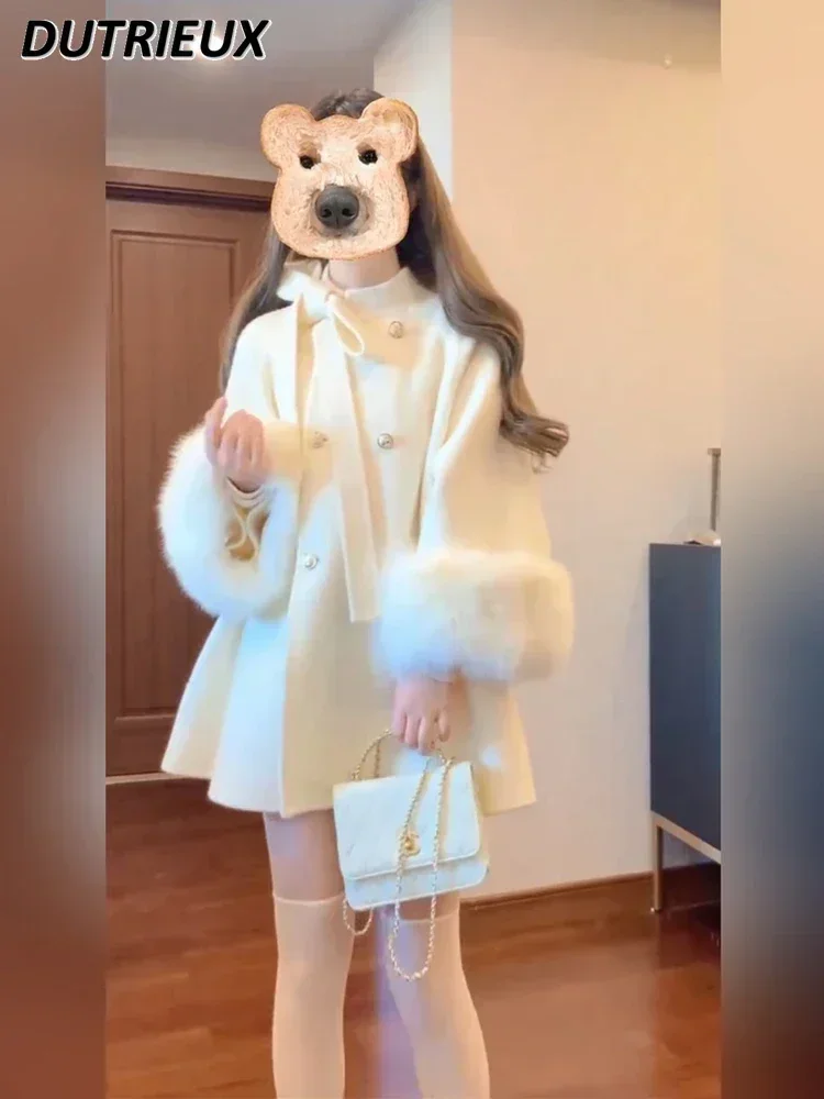 Autumn and Winter Sweet Girl Stand-up Collar Bowknot Double Breasted Woolen Cape Coat Cute White Long Sleeve Mid-Length Jacket