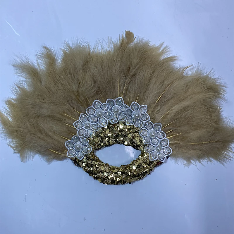 African Turkey Feather Handfan with Sequins for Nigerian Wedding Party, Marriage Bride Fan