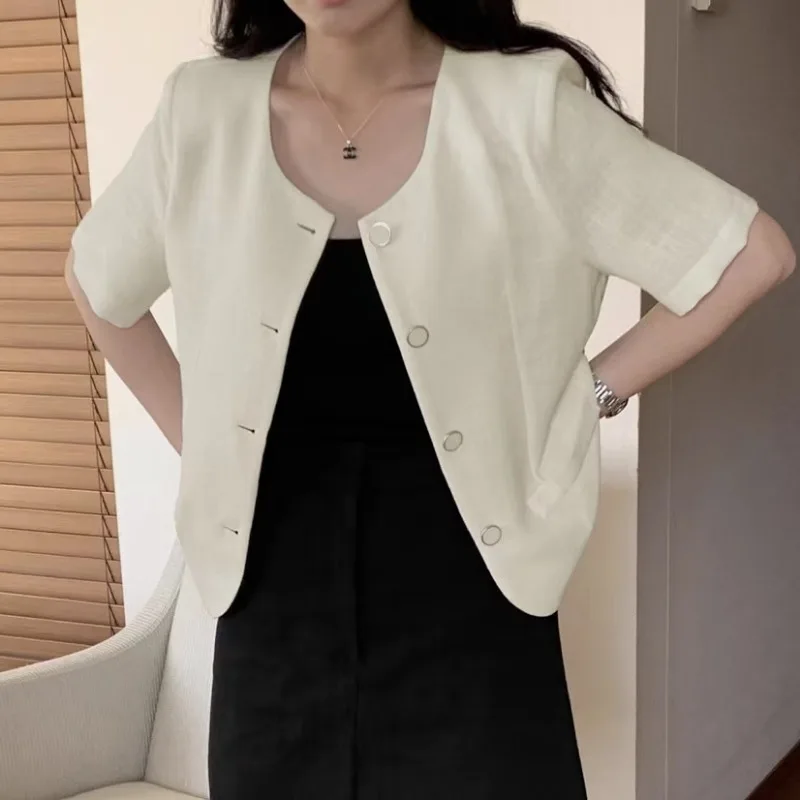 Ele Simple High-End round Ne Single Button ort Sve Loose Outerwear Chic Top Summer Faionable Women's Jaet