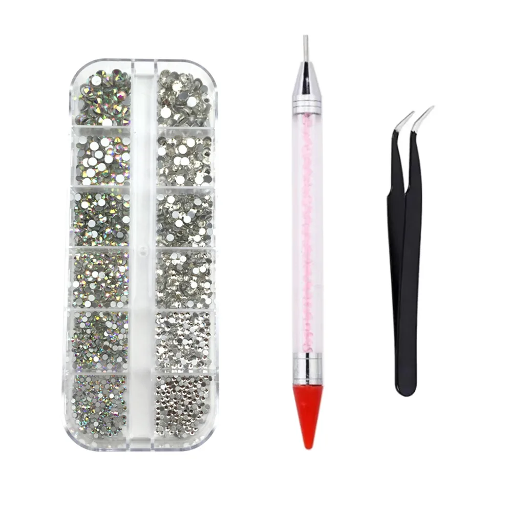 12 grades de cristal ab com parte traseira lisa, brocas com pinça de caneta, faça você mesmo, acessórios de decoração de arte de unha, suprimentos para unhas, caneta pontilhadora
