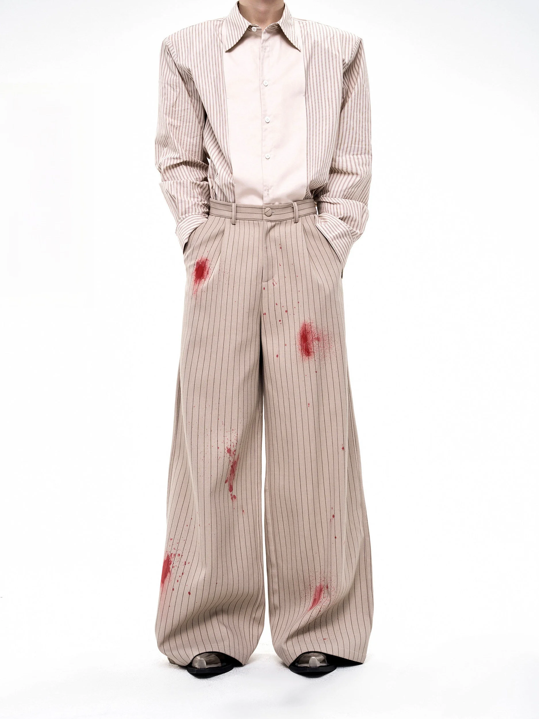 

Start Exceed End Men's Casual Pants Vertical Stripes Hand-Painted Milk Silk Drapey Sle Long Trousers for Autumn Season