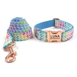 Personalized Dog Collar Customized Pet Collars Engraving ID Nameplate Tag Pet Accessory Rainbow Heart Puppy Collar Leash