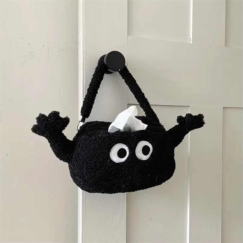 

Modern Hangable Car Tissue Bag Raise Hand Cute Plush Tissue Box Niche Design Black Hand-held Fabric Paper Bag Tissue Boxes