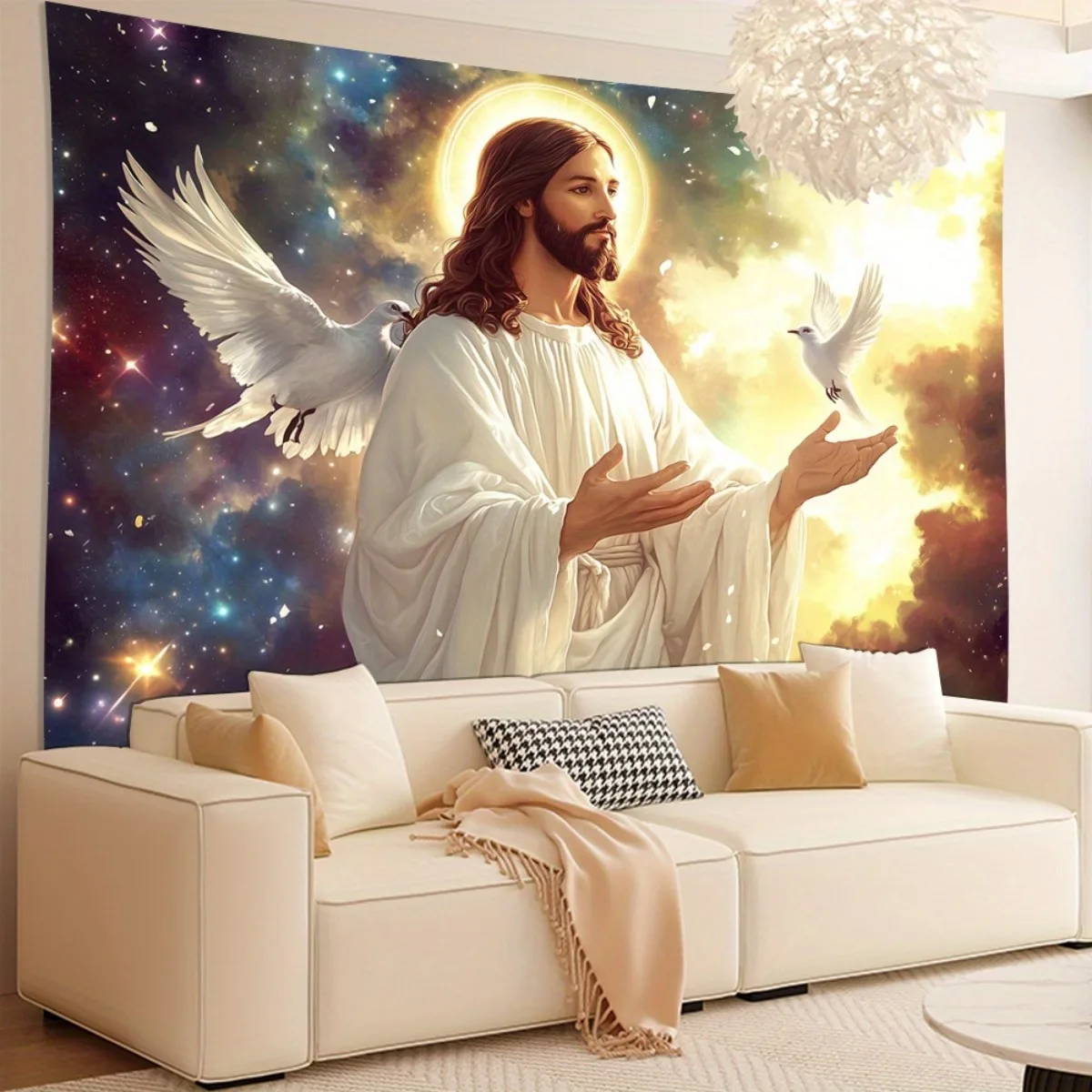 Jesus Tapestry Wall Hanging Holy Spirit Dove Galaxy Background Religious Wall Art Tapestry for Living Room Bedroom Home Decor