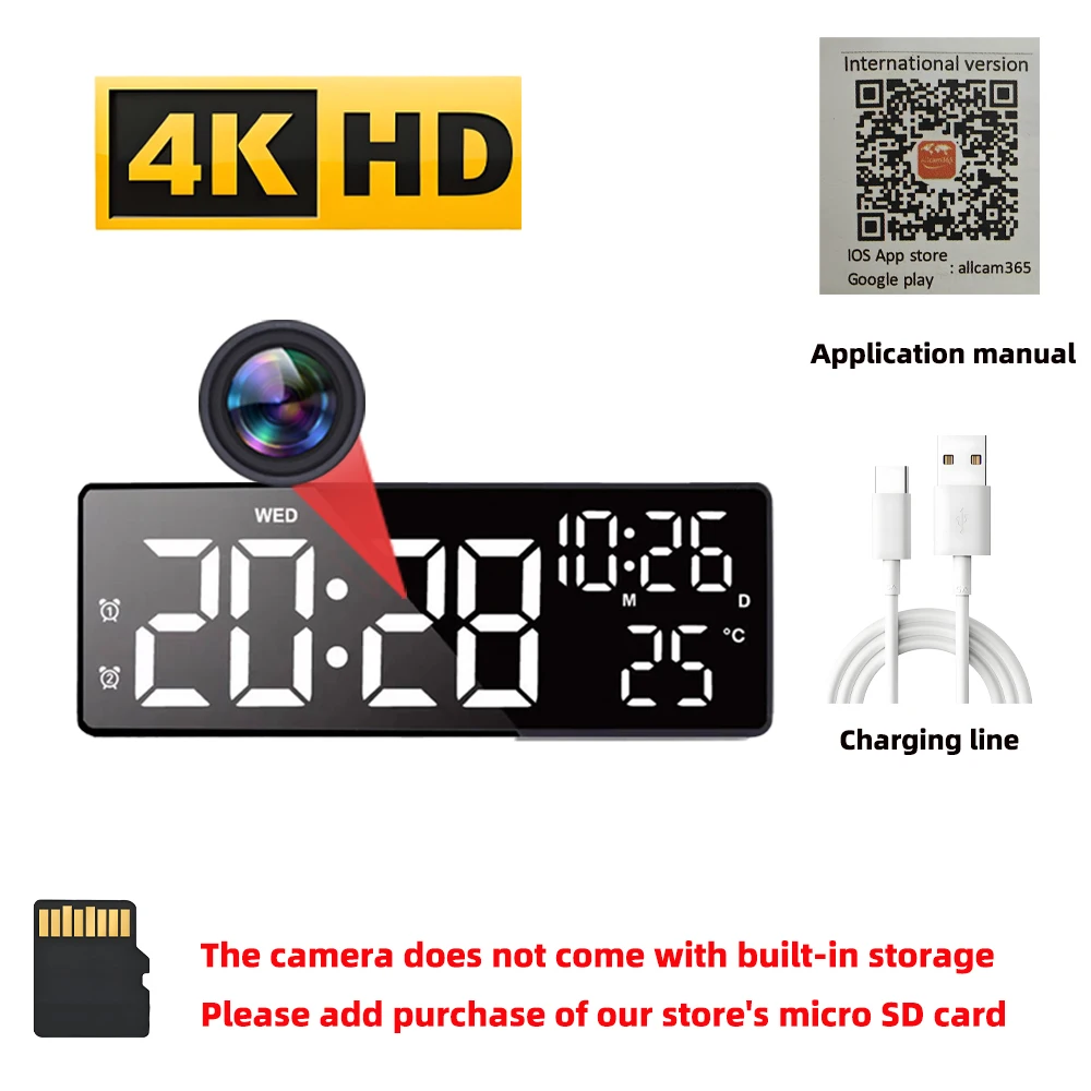 HD4K Mini-klokcamera, op afstand bekijken, bewegingsdetectie, instelbaar digitaal licht, alarmfunctie, miniatuurcamera voor thuisgebruik