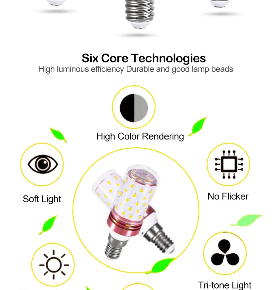 AC 85V-265V LED Corn Bulb Tri-color Light 16/12W E14 Chandelier Candle Light E27 Lamp SMD 2835 Warm White 3000K Cool White 6500K