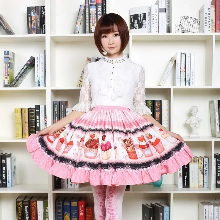 แฟนซี Mori สาวกระโปรงสั้นสีชมพูหวานถ้วยเค้กพิมพ์ Lolita จีบกระโปรง