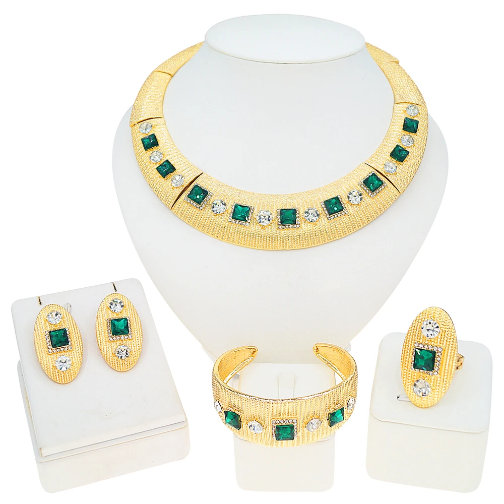 

Green Gemstone Collar Jewelry Set Women's High Quality Necklace Earrings Ring Bracelet 4-Piece Set