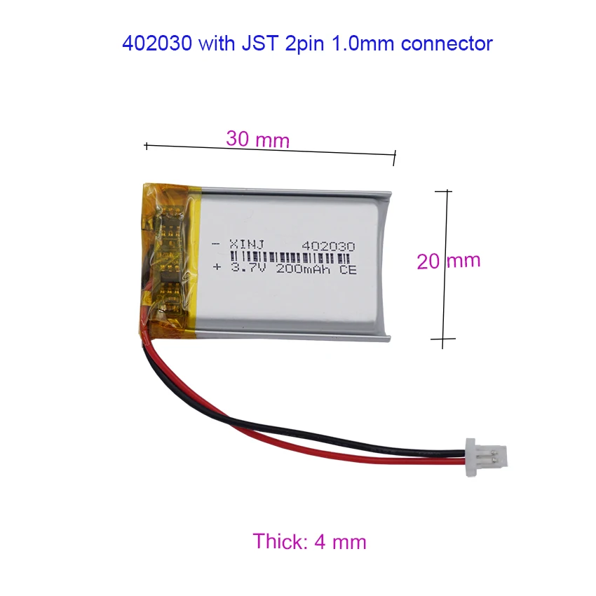 2pcs 3.7v 402030 200mah 0.74Wh Li Lithium Battery Li-ion Cell JST 2pin1.0mm Connector For Mouse Bluetooth Speaker Headphones