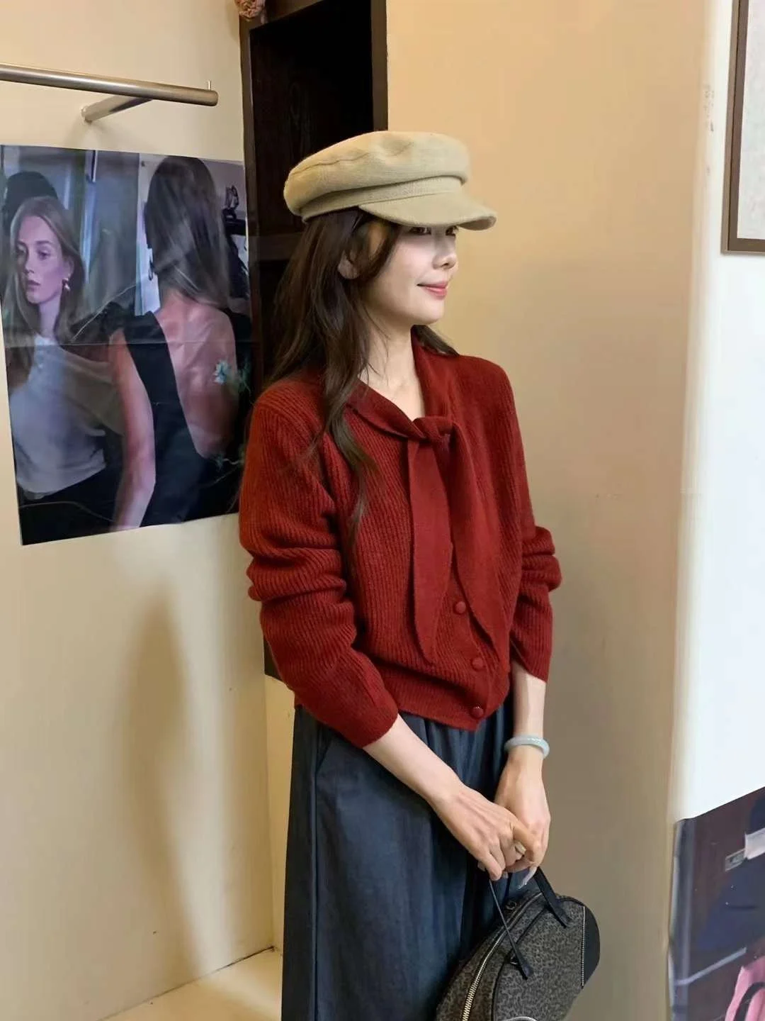 

Ankla Red Knitted Open Cardigan Casual Loose Women's Sweater Spring Autumn V-neck Long Sleeve Commute Style Regular Length