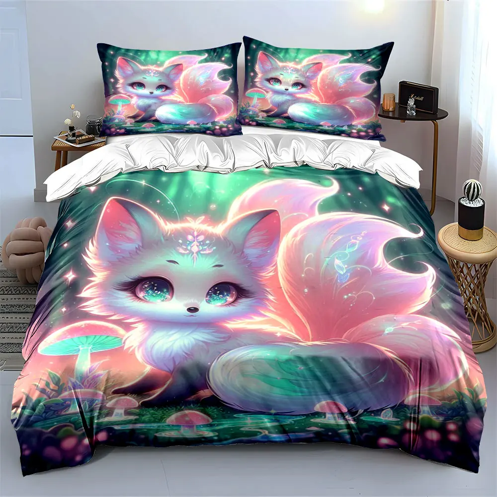 3pcs Enchanted nine-tailed fox forest Duvet Cover Set with 3D Printing Design Soft Polyester Bedding Set All-Season Comfort
