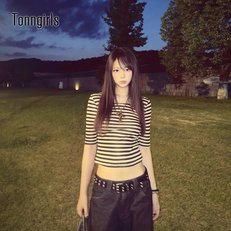 Tonngirls Y2k Fairycore Print T Shirt Women Three Quarter Japanese 2000s Crop Tops Streetwear American Retro Grunge Tops Slim