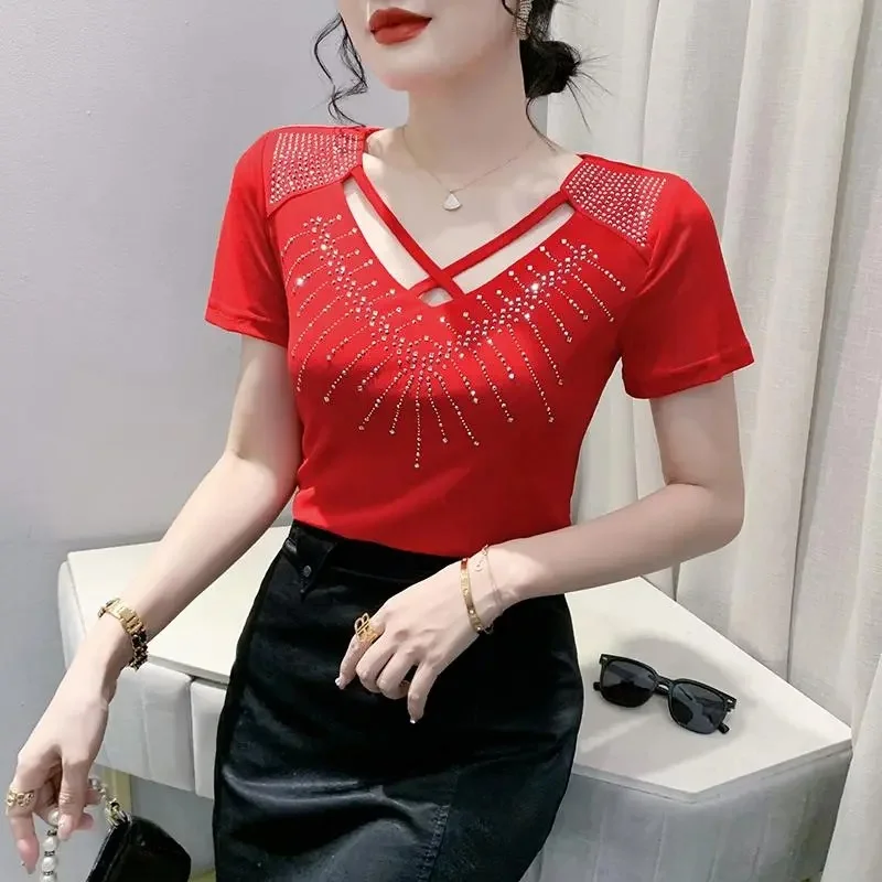 Woman Clothes Hollowed-out V-neck T-shirt Women's Short Sleeve Summer Fashion High-grade hot Drilling Fashion top  Loose Shirt