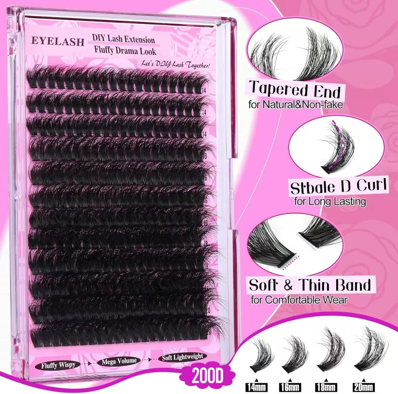 14-20mm 200D Faux-Mink-Wimpernverlängerungen, Manga-Einzelwimpern-Cluster, natürliche lange schwarze Wimpern, D-Curl, falsche Wimpern, Make-up