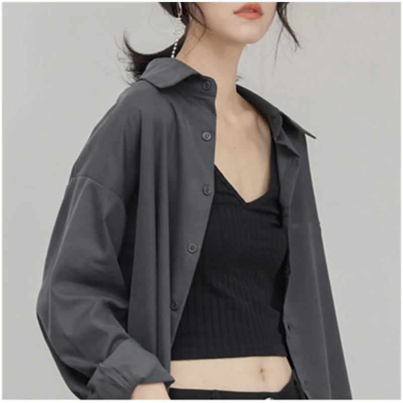 

Серая свободная женская рубашка с длинным рукавом в корейском стиле, винтажная, в гонконгском стиле, с дизайном Dongda Gate, для узкого круга покупателей