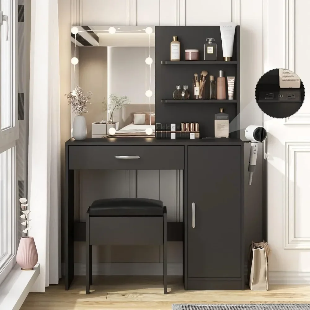 

Drawer Table with Lighting Mirror & Power Strip Dressing Vanity Table with Lights 35in Makeup Vanity Desk