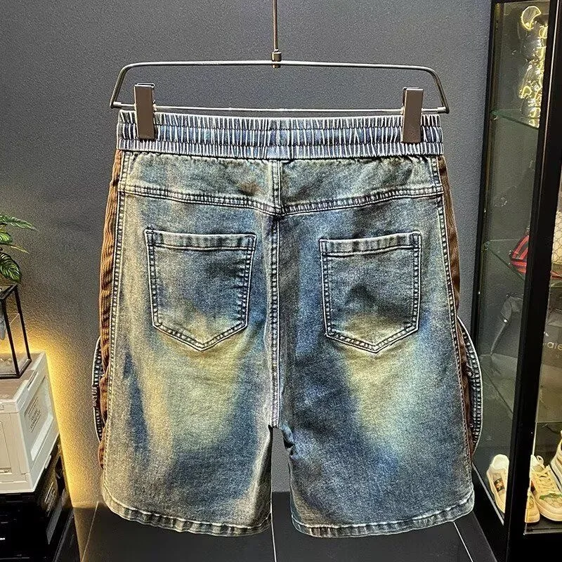 شورت جينز أمريكي ثقيل الوزن للرجال، شورت جينز صيفي فضفاض بخصر مطاطي #2