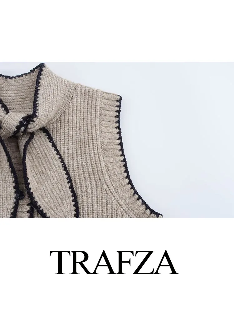 TRAFZA-suéter de punto sin mangas con cuello de mariposa para mujer, Tops elegantes con textura decorativa de un solo pecho, Top