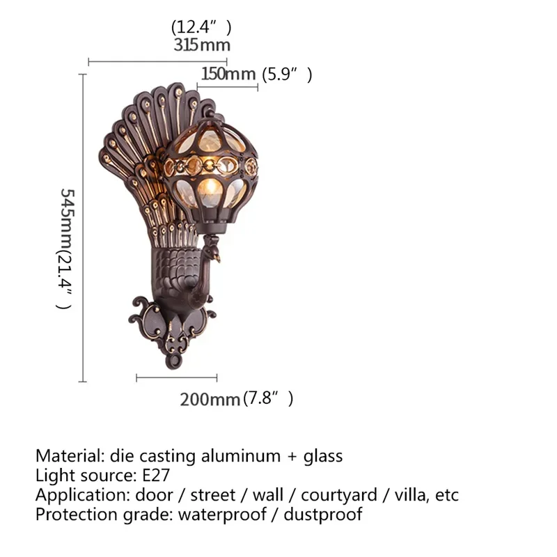 Sean retro luzes de parede ao ar livre clássico pavão sombra arandelas lâmpada decorativa à prova dwaterproof água para casa varanda villa