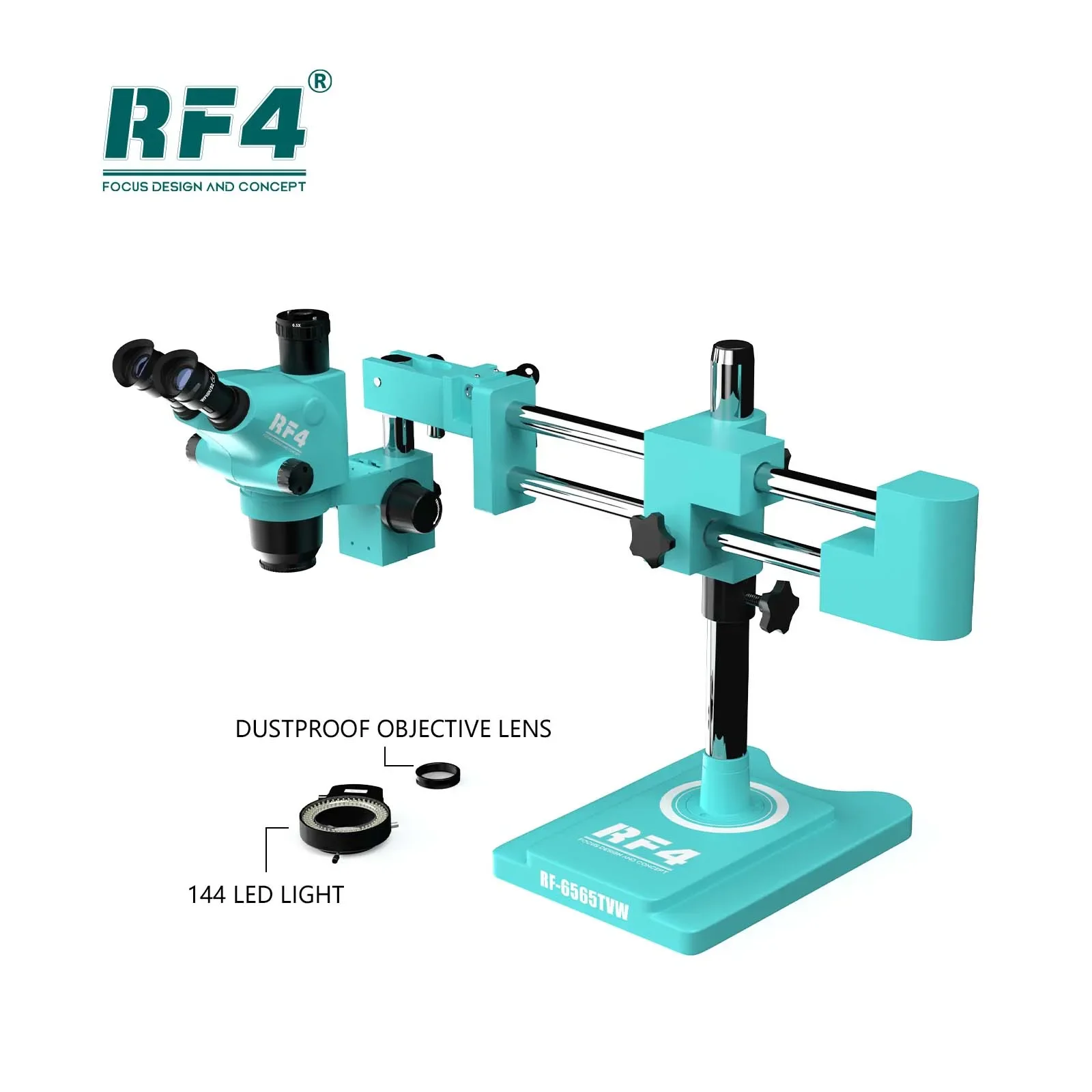 Microscope trinoculaire 6.5-65X, mise au point RF4, conception et concept, dernière version évitée, support à double bras RF6565TVW